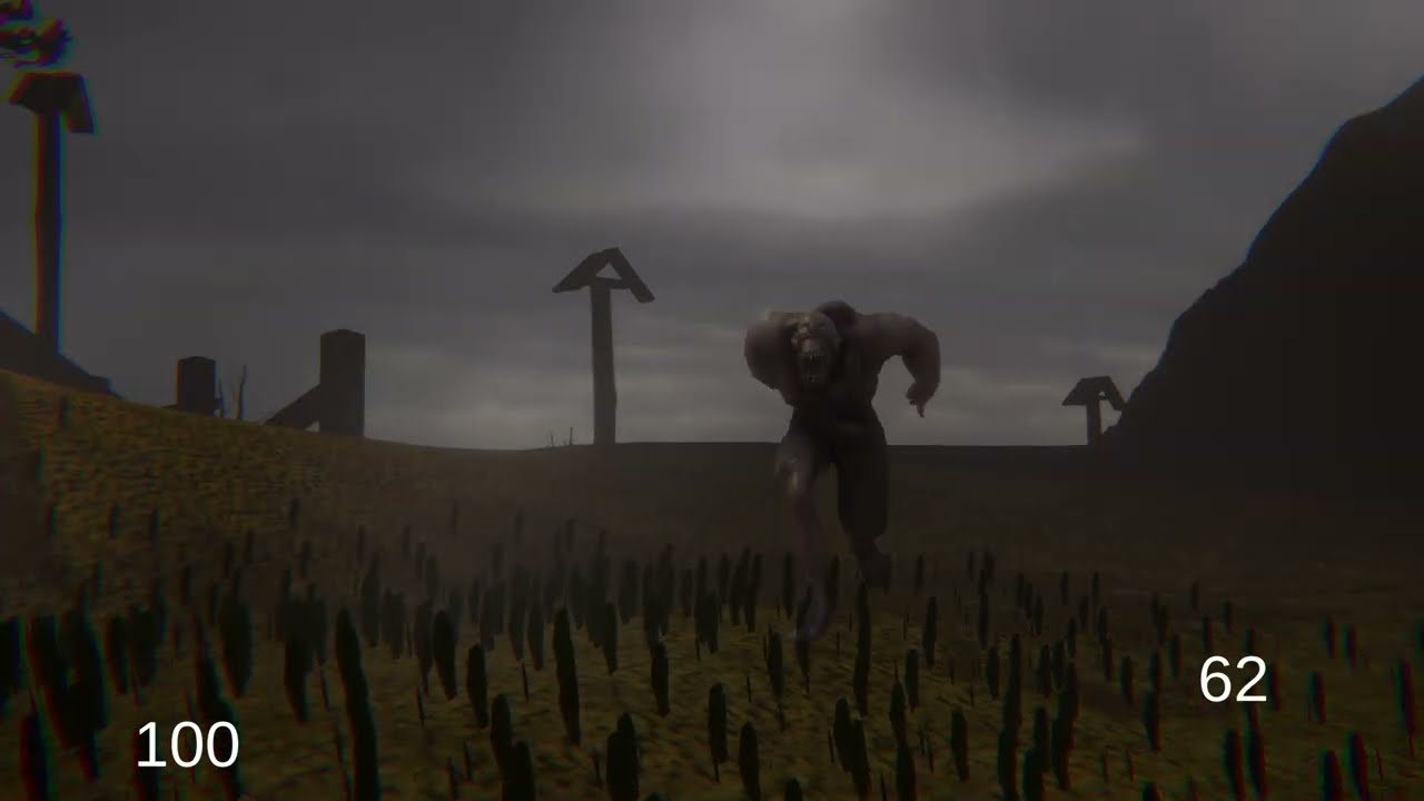 A creature charging the player across a hillside