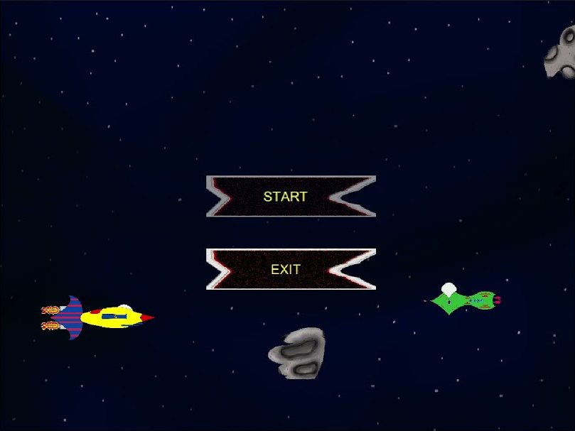 The Space Shooting Range menu: Start and Exit, with ships and rocks drifting past